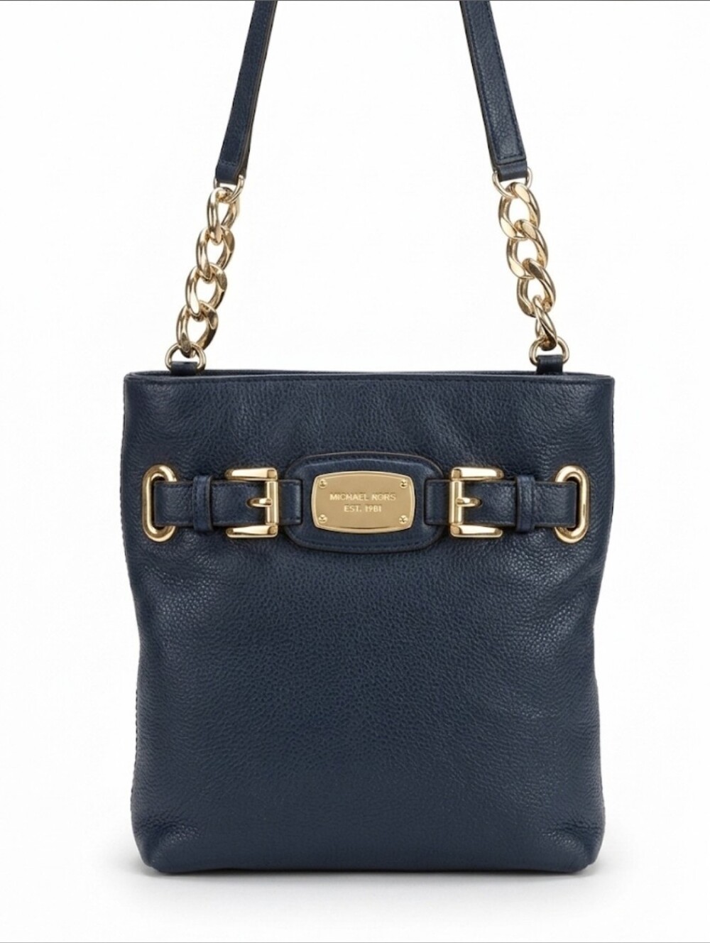Michael Kors Navy Pebbled Leather Hamilton Crossbody Bag • Gold Accents